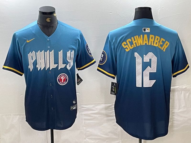 Men Philadelphia Phillies #12 Schwarber Blue City Edition Nike 2024 MLB Jersey style 2